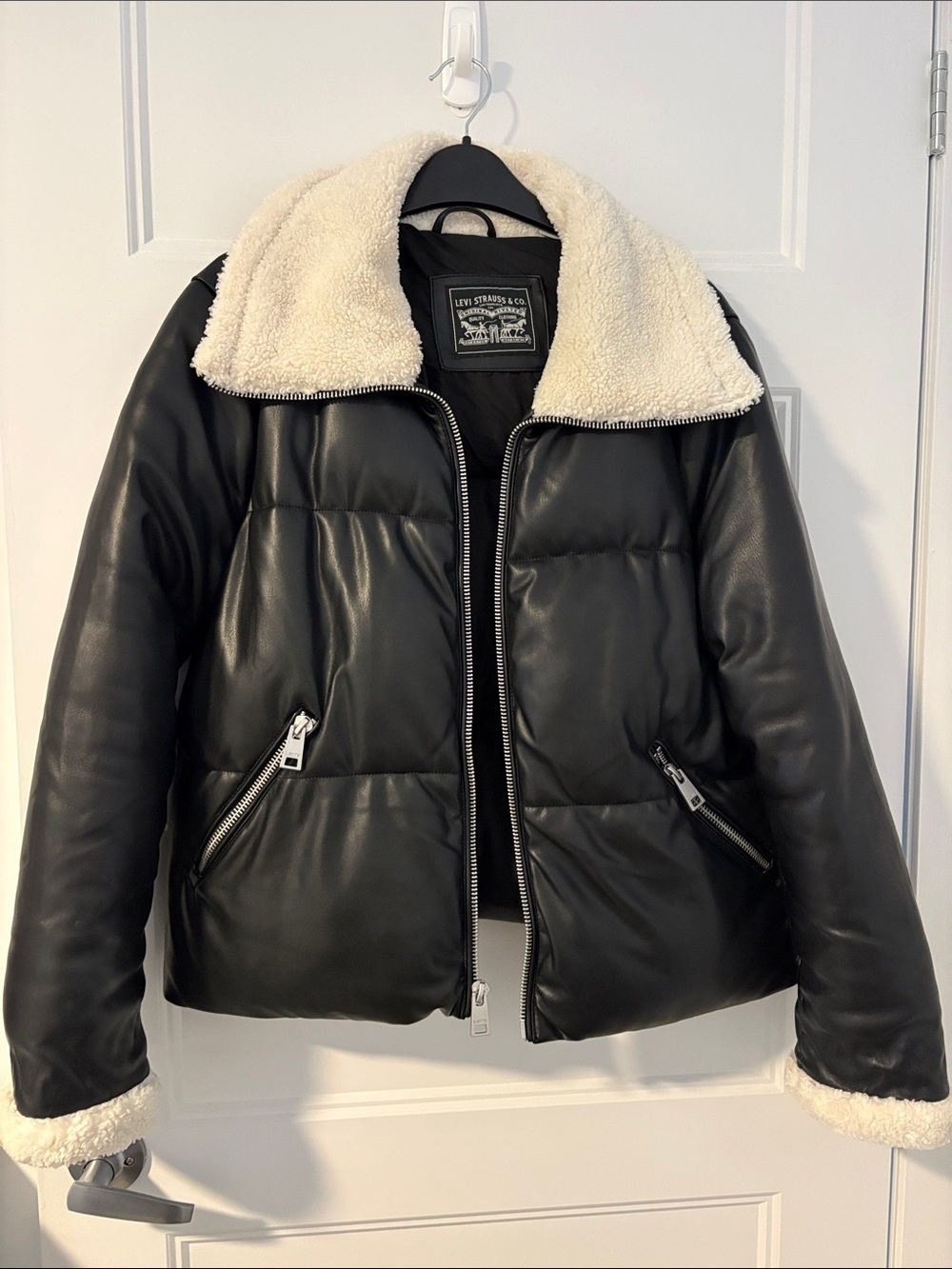 Levi's Black Faux-Leather Puffer Jacket with Cream Sherpa Collar